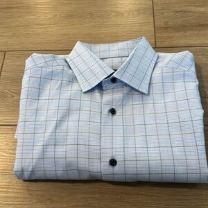 David Donahue Light Blue Checkered Dress Shirt with Pointed Collar